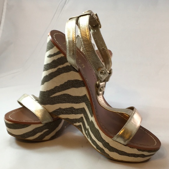 Ralph Lauren Disha Zebra Print Wedge Gold Sandal - Picture 2 of 8